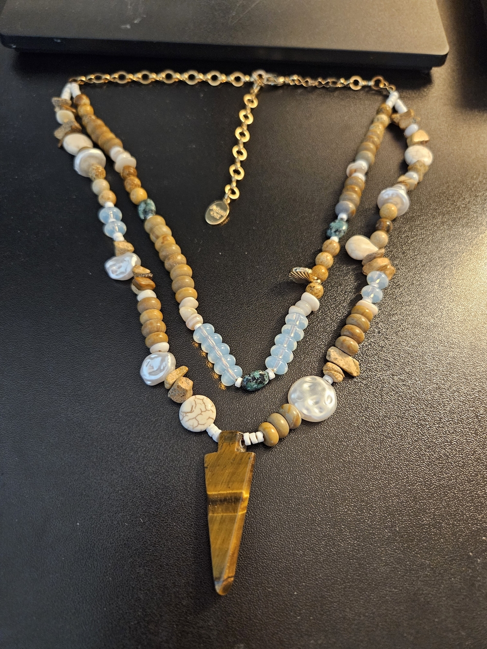 Free People Layered Beaded Necklace in Brown & Light Blue with Tiger Eye Pendant